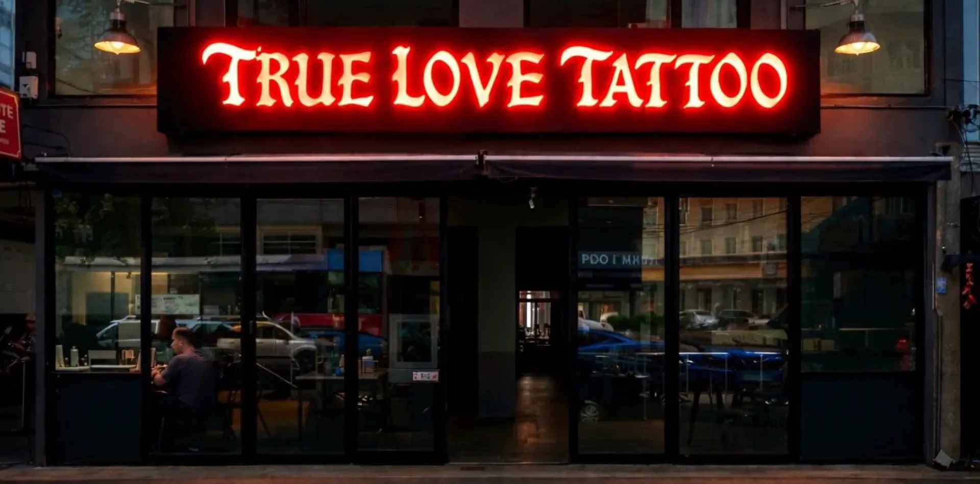True Love Tattoo shopfront in Patong at dusk, red sign glowing above dark glass windows